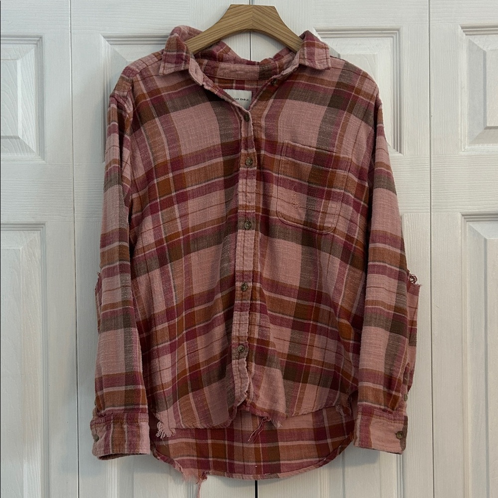 American Eagle Outfitters Pink and Brown Plaid Shirt